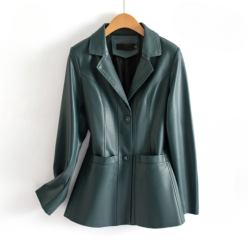 Flora | Fitted Faux Leather Button Blazer Pleated Long Sleeve