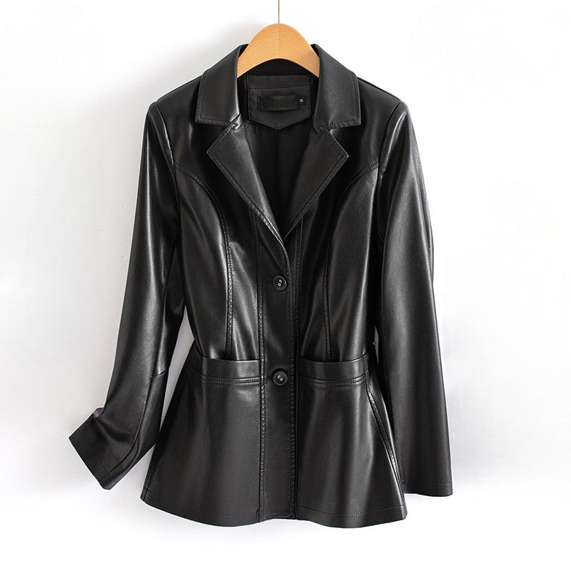 Flora | Fitted Faux Leather Button Blazer Pleated Long Sleeve