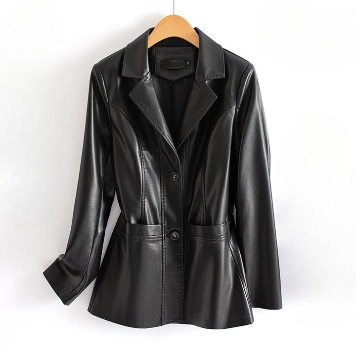 Flora | Fitted Faux Leather Button Blazer Pleated Long Sleeve