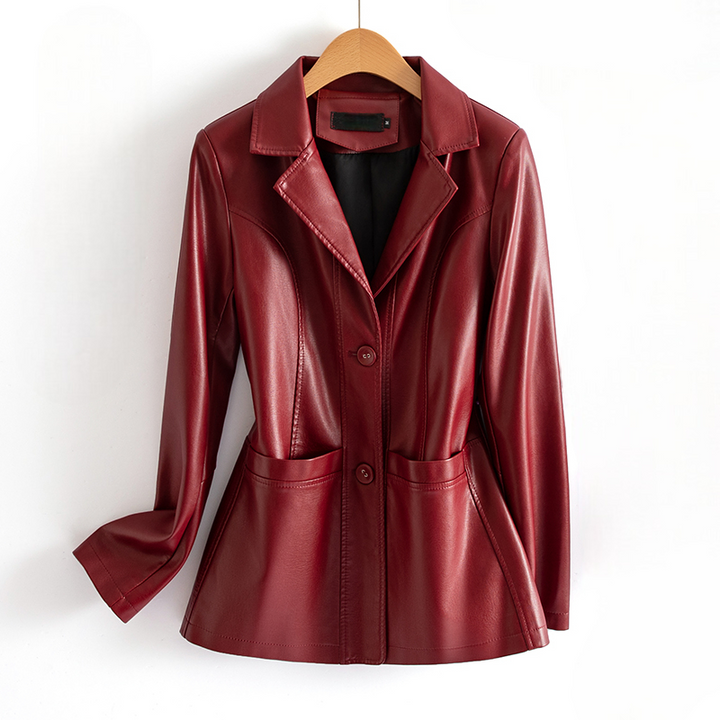 Flora | Fitted Faux Leather Button Blazer Pleated Long Sleeve
