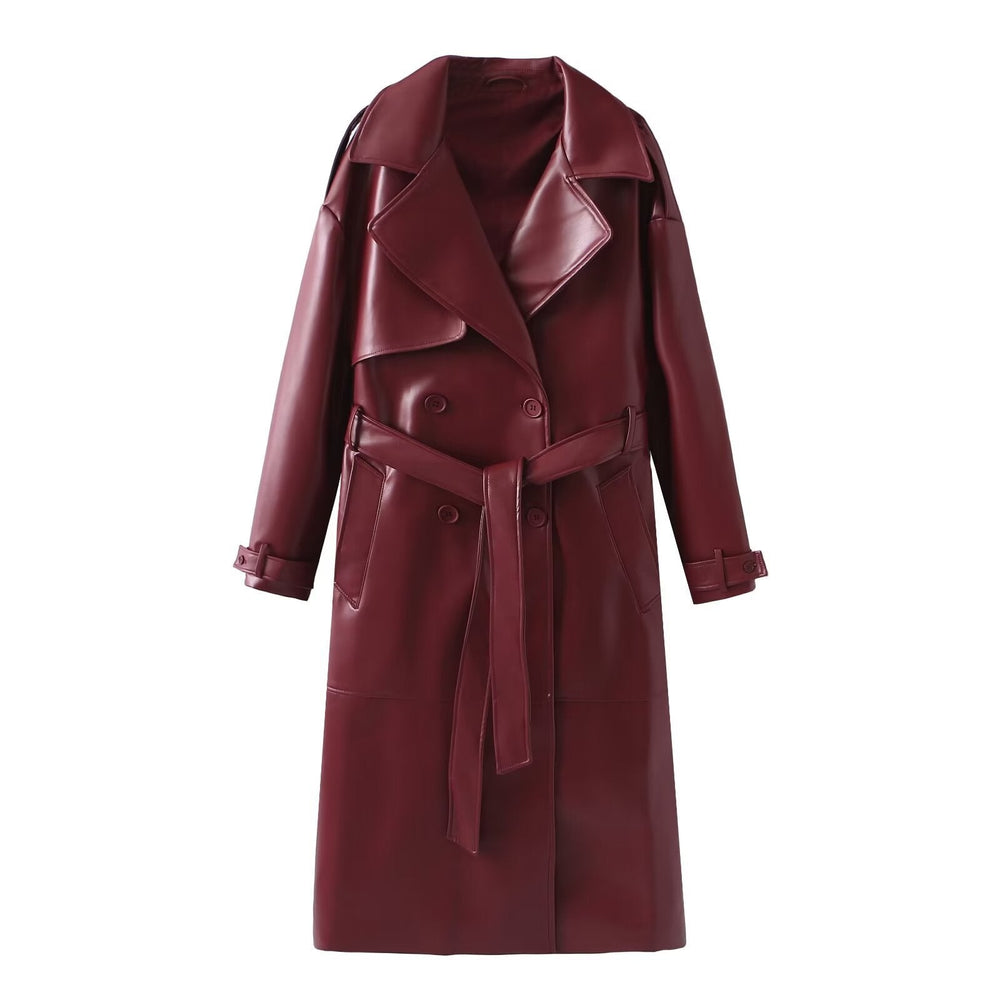 Maeve | Womens Wrap Belted Maxi Faux Leather Trench Coat