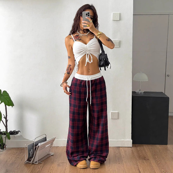 Paige | Wide Leg Checked Drawstring Pants