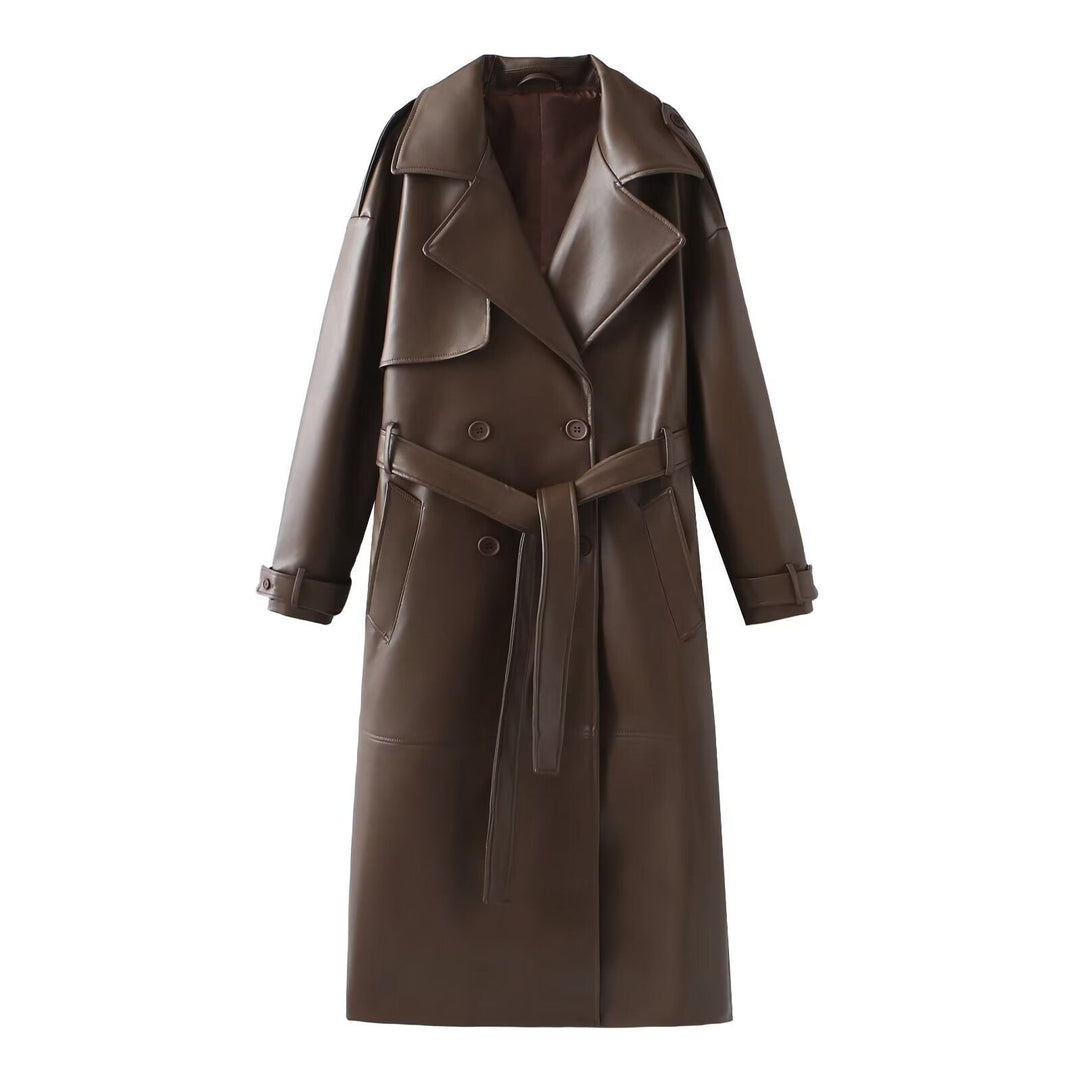 Maeve | Womens Wrap Belted Maxi Faux Leather Trench Coat