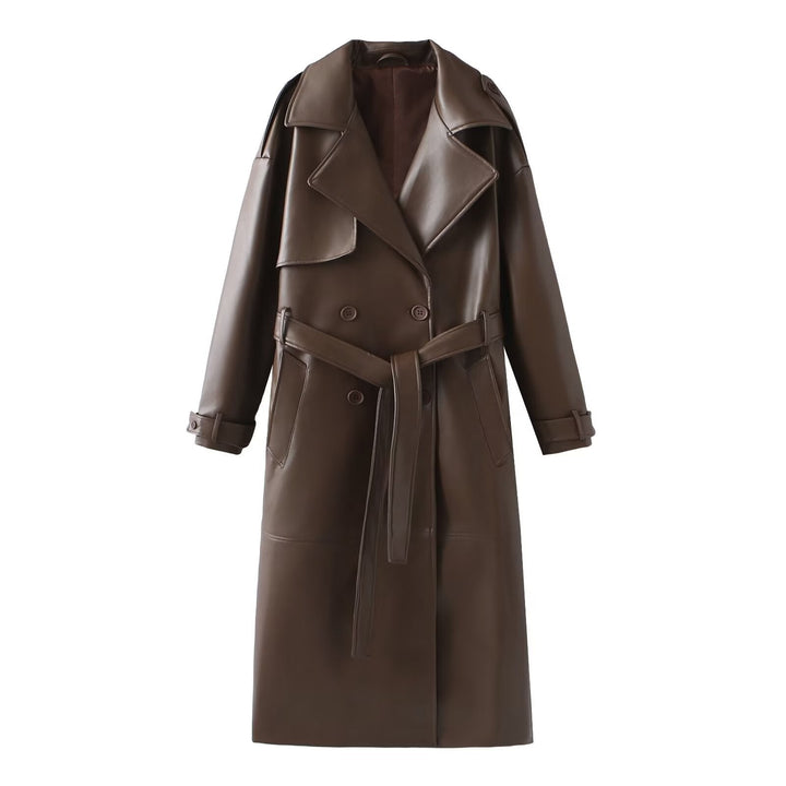Maeve | Womens Wrap Belted Maxi Faux Leather Trench Coat