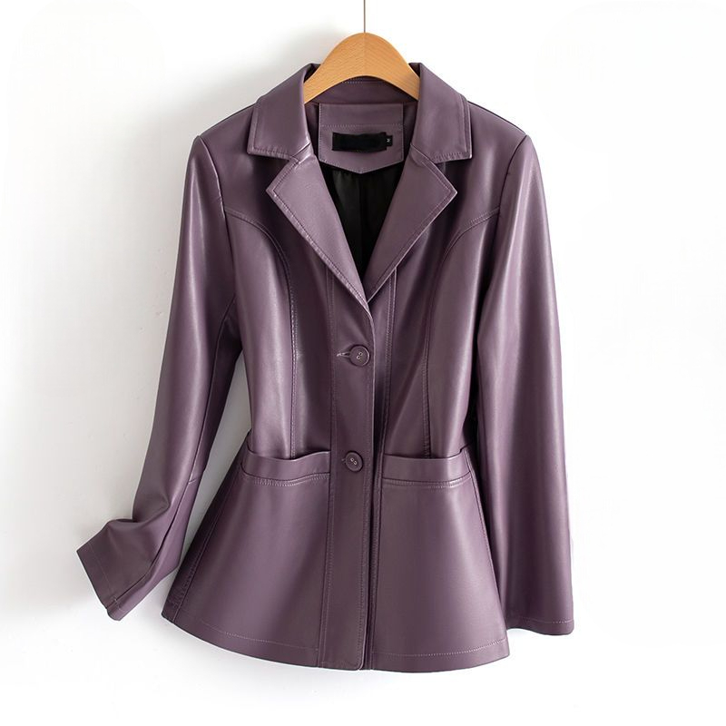 Flora | Fitted Faux Leather Button Blazer Pleated Long Sleeve