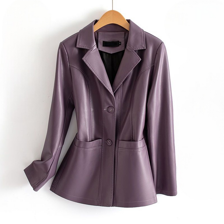 Flora | Fitted Faux Leather Button Blazer Pleated Long Sleeve