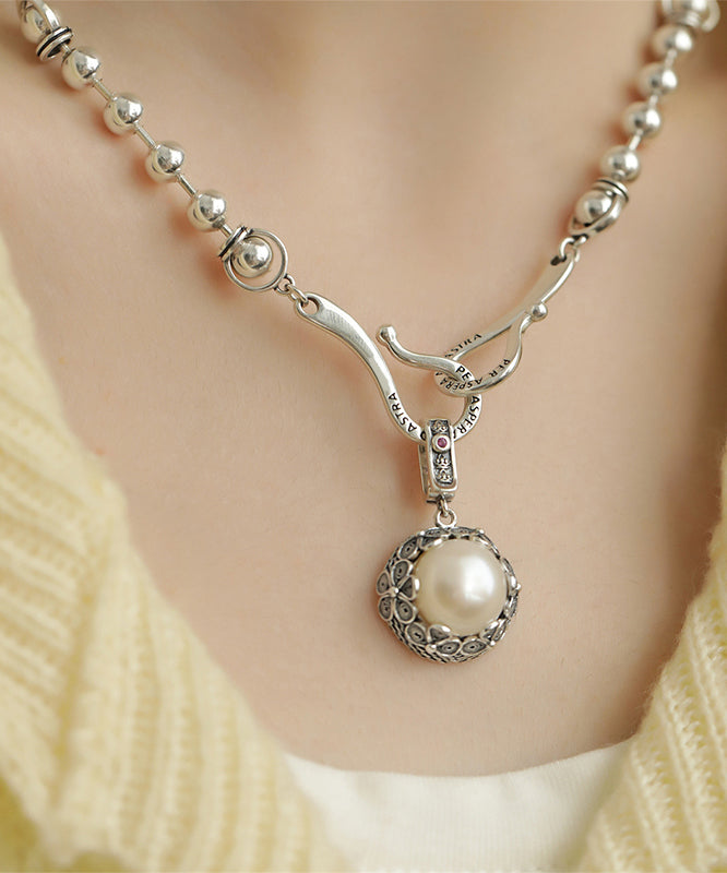 Holly | Beaded Pearl Pendant Silver Necklace
