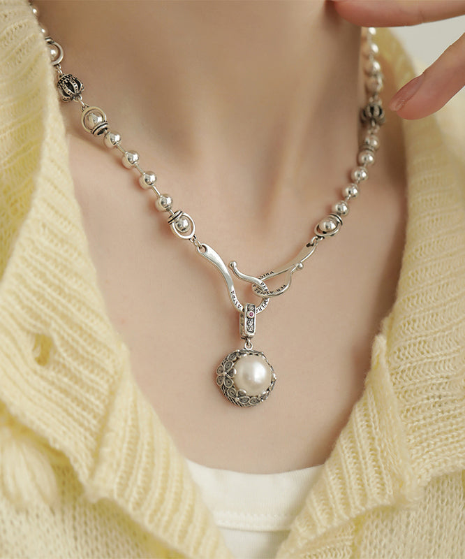 Holly | Beaded Pearl Pendant Silver Necklace