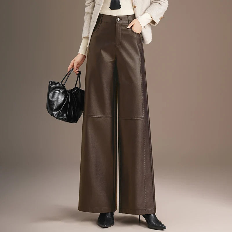 Vivian | High Waist Wide Leg Leather Trousers