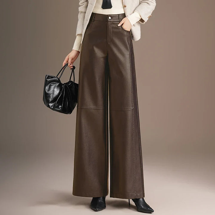 Vivian | High Waist Wide Leg Leather Trousers