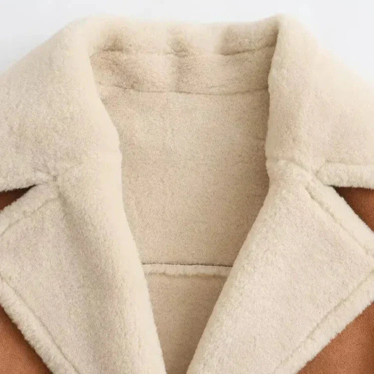 Womens sherpa lined shearling coat, view 4