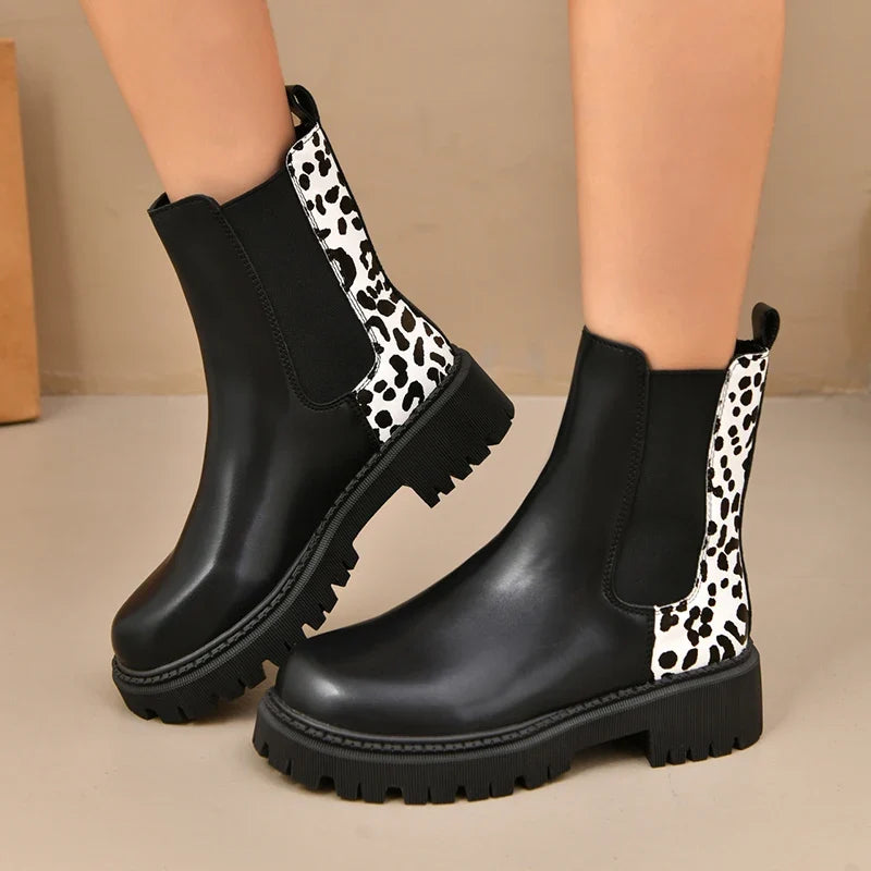 Layla | Womens Leather Leopard Chunky Sole Ankle Boots