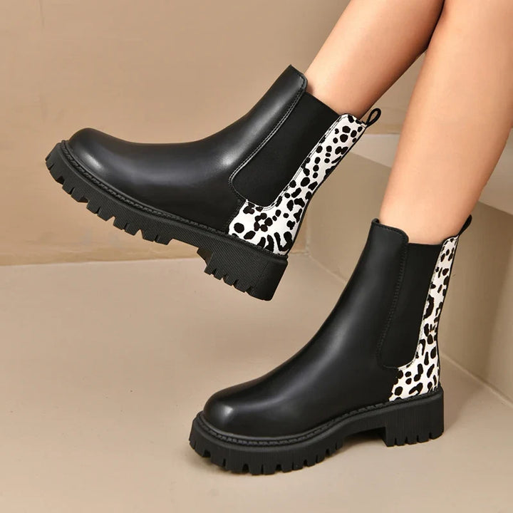 Layla | Womens Leather Leopard Chunky Sole Ankle Boots
