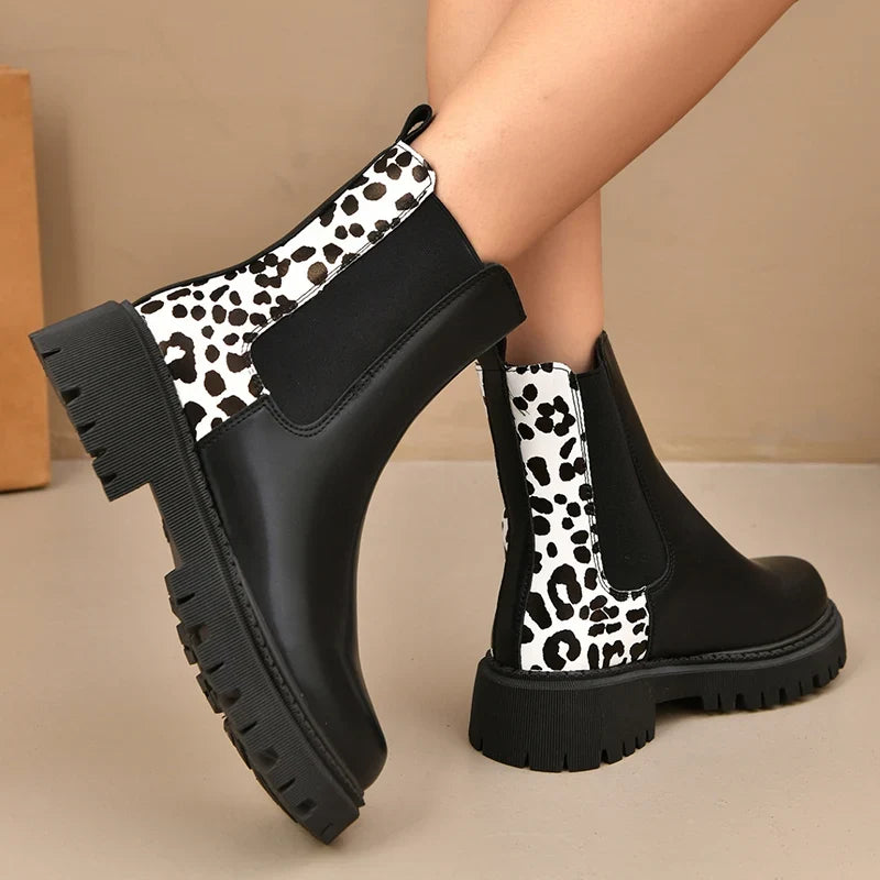 Layla | Womens Leather Leopard Chunky Sole Ankle Boots