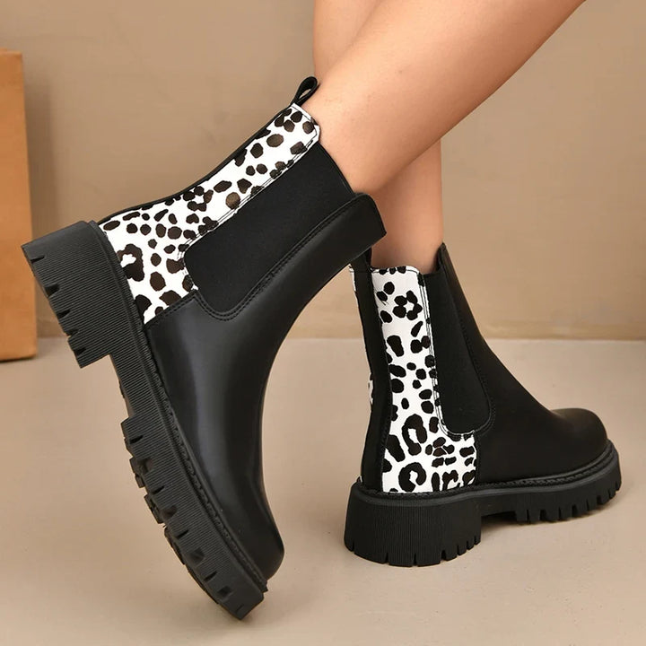 Layla | Womens Leather Leopard Chunky Sole Ankle Boots