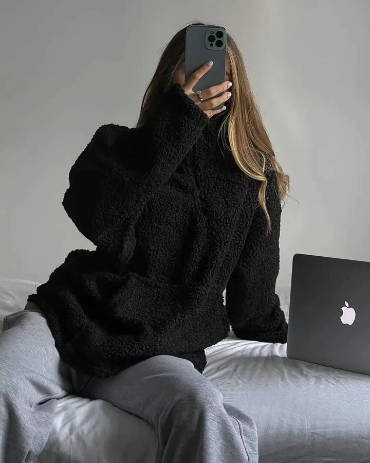 Womens oversized teddy fleece half-zip pullover, view 4
