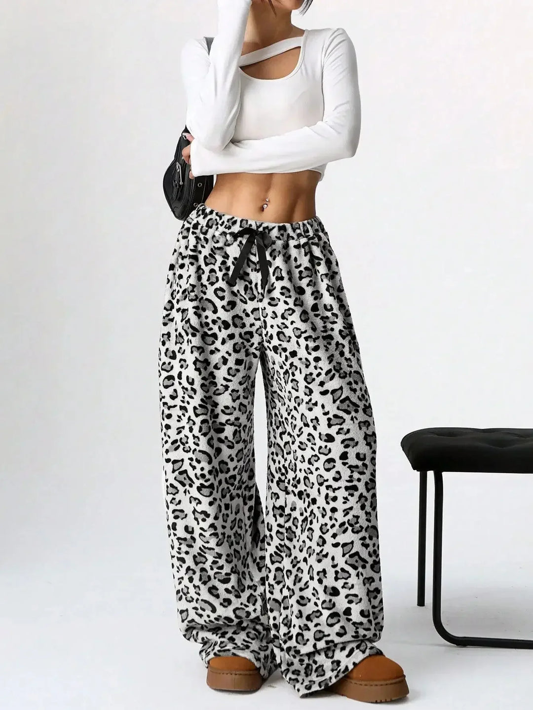 Selene | Leopard Fleece Wide Leg Lounge Pants