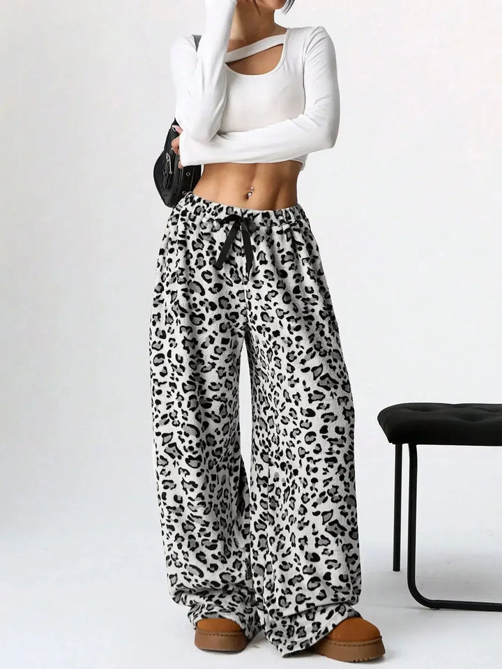 Selene | Leopard Fleece Wide Leg Lounge Pants