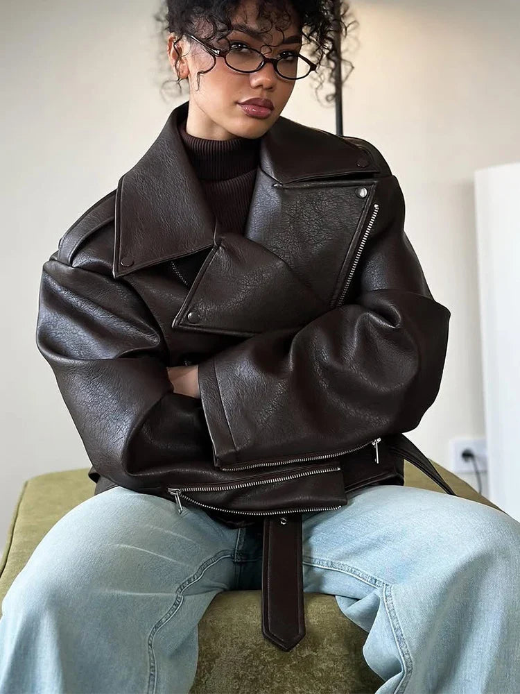 Womens oversized brown faux leather biker jacket, view 4