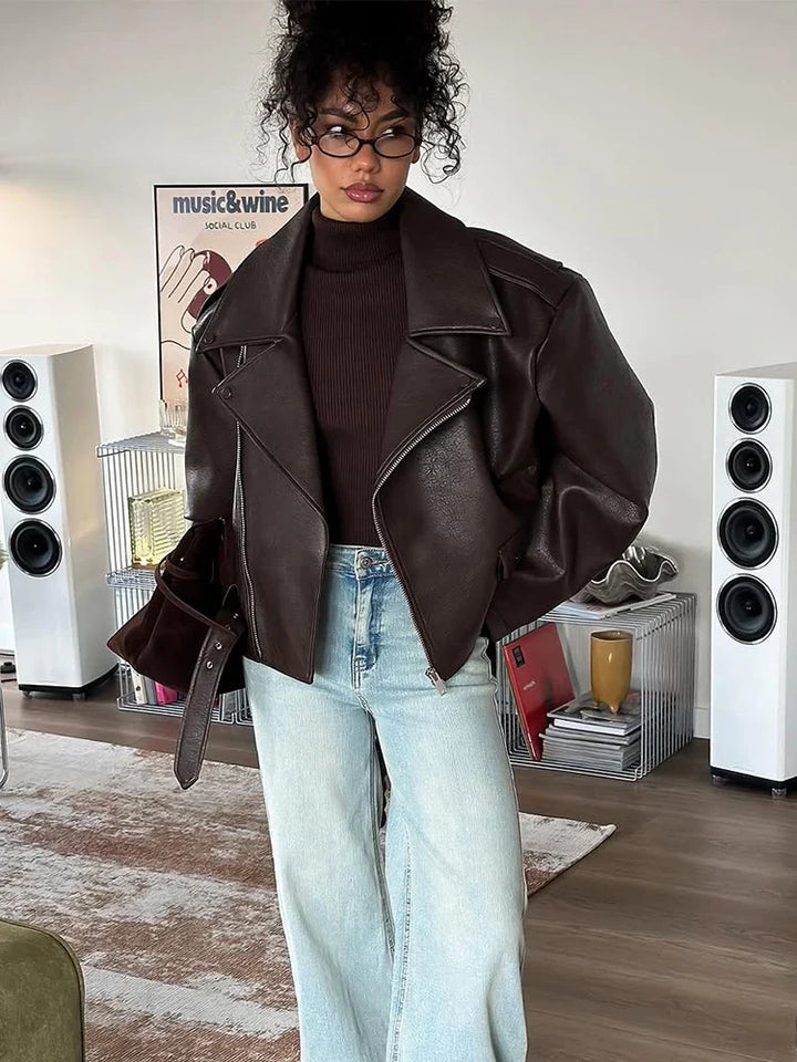 Womens oversized brown faux leather biker jacket, view 3