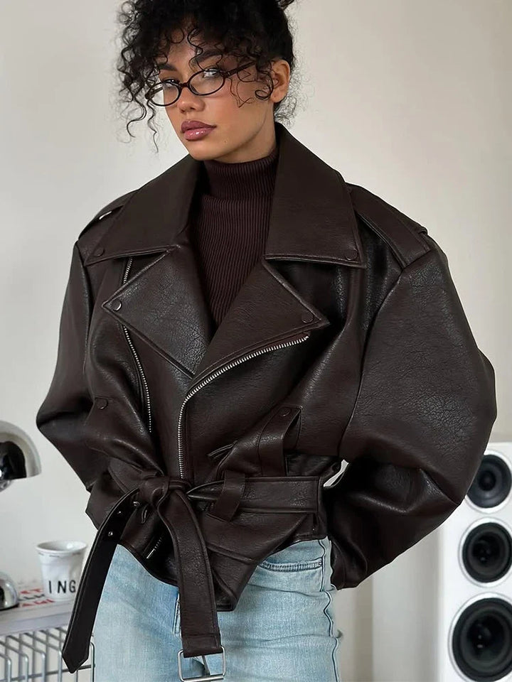 Womens oversized brown faux leather biker jacket, view 5