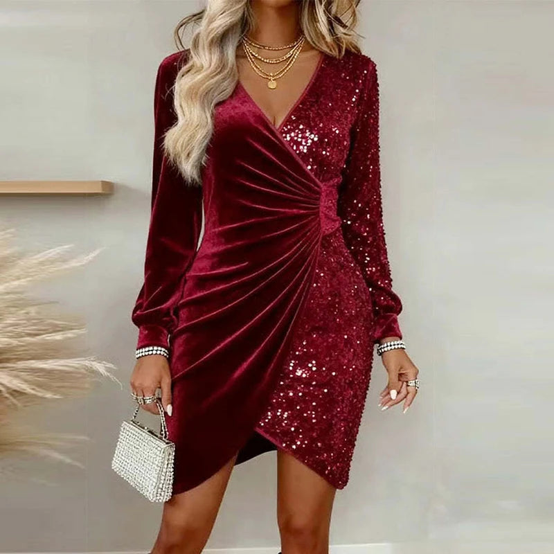 Womens velvet sequin long sleeve mini dress, view 2