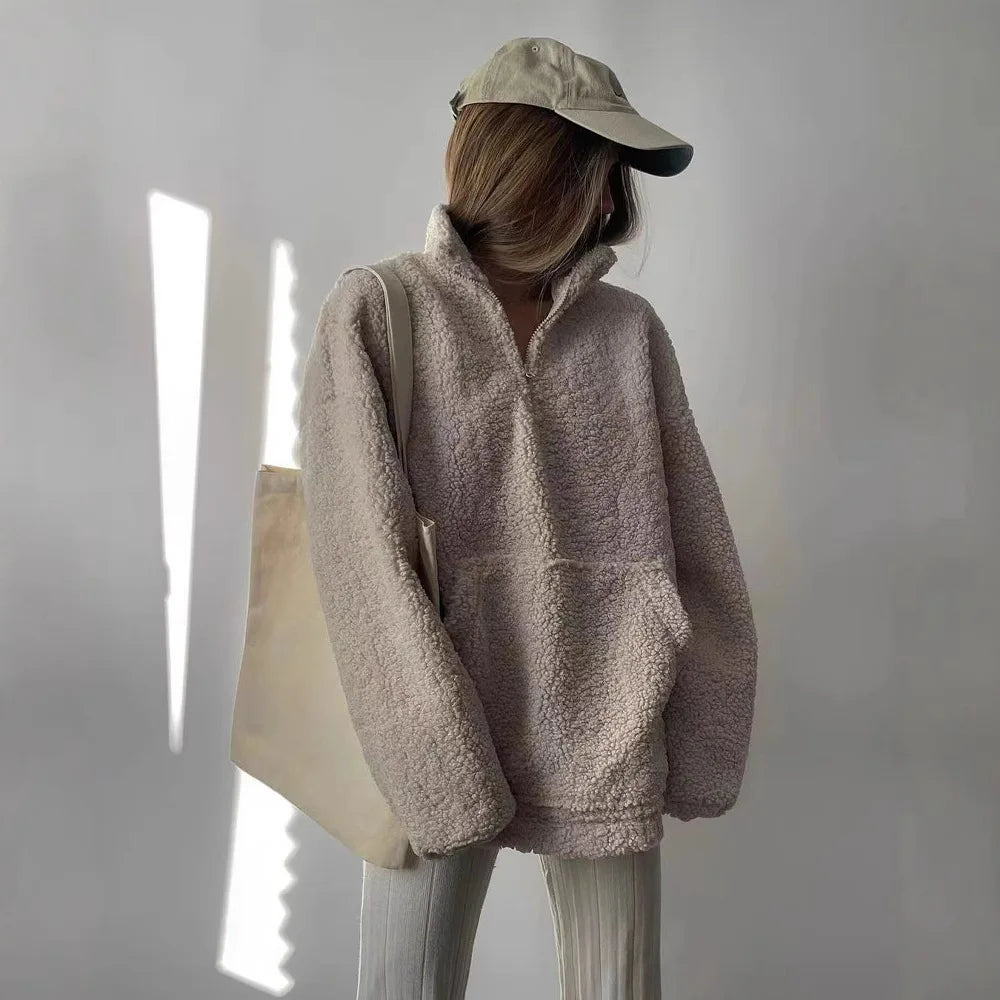 Womens oversized teddy fleece half-zip pullover, view 3