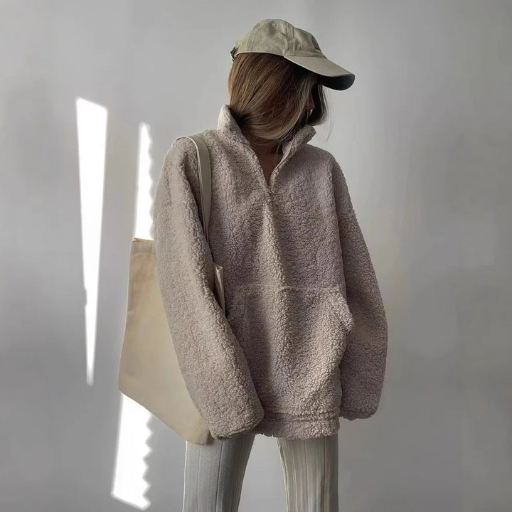 Womens oversized teddy fleece half-zip pullover, view 3