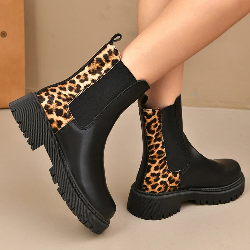 Layla | Womens Leather Leopard Chunky Sole Ankle Boots