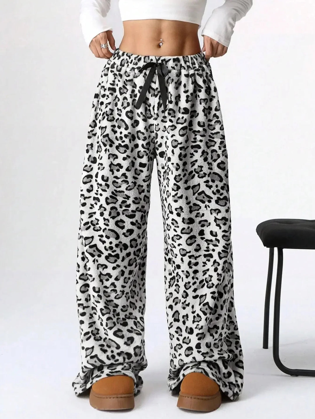 Selene | Leopard Fleece Wide Leg Lounge Pants