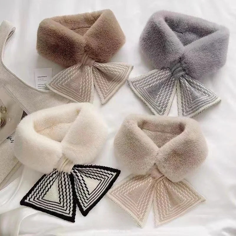 Leah | Womens Faux Fur Knitted Tie Scarf Geometric Pattern
