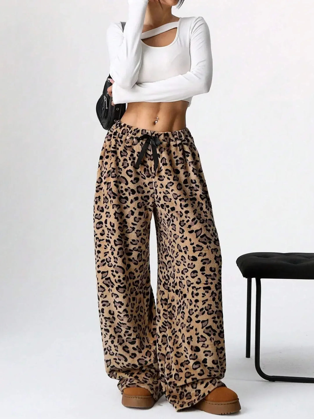 Selene | Leopard Fleece Wide Leg Lounge Pants