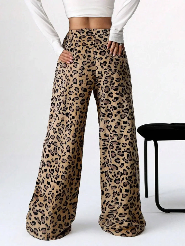 Selene | Leopard Fleece Wide Leg Lounge Pants