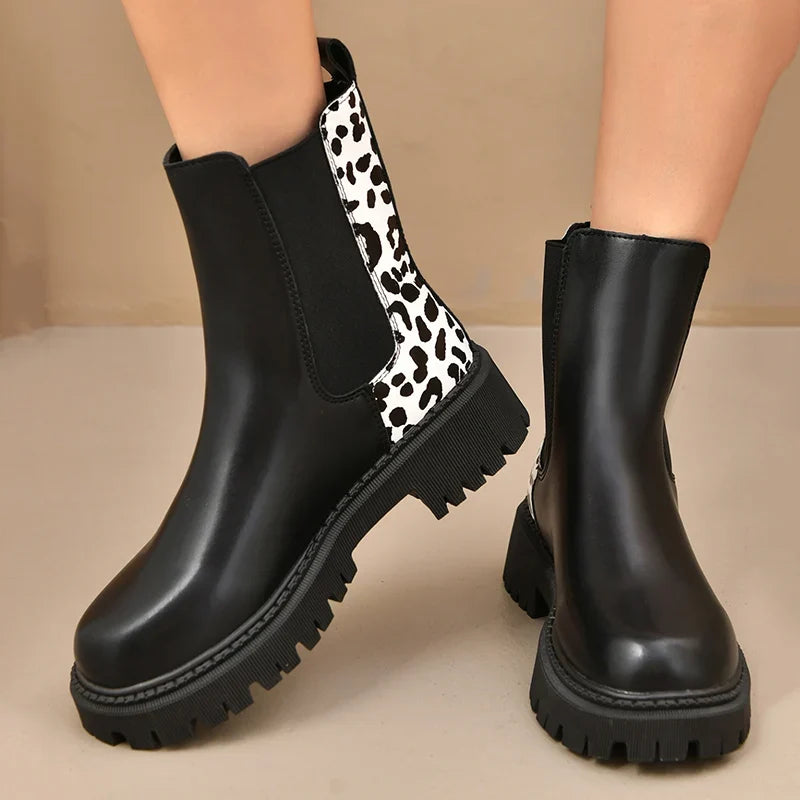 Layla | Womens Leather Leopard Chunky Sole Ankle Boots