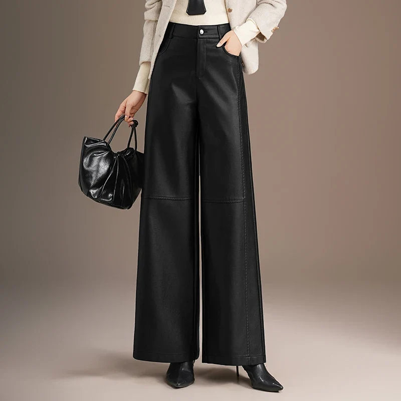 Vivian | High Waist Wide Leg Leather Trousers