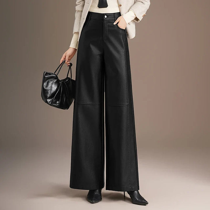 Vivian | High Waist Wide Leg Leather Trousers