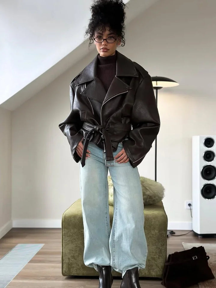 Womens oversized brown faux leather biker jacket, view 2