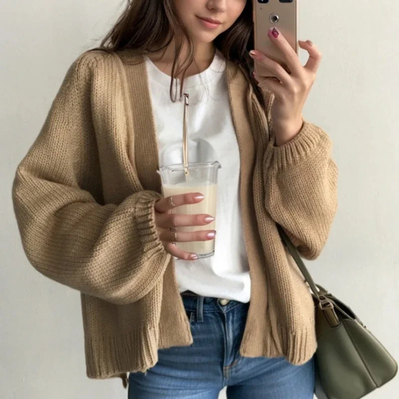 Womens oversized open front knit cardigan, view 4
