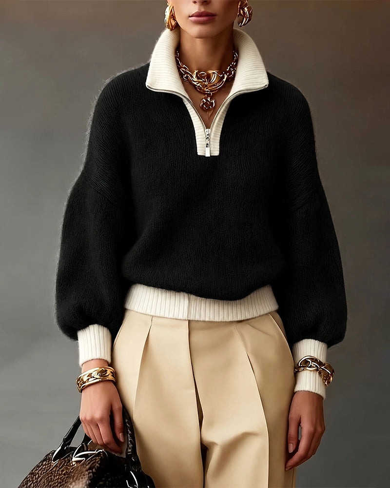 Keira | Quarter Zip Sweater Relaxed Fit Long Puff Sleeves