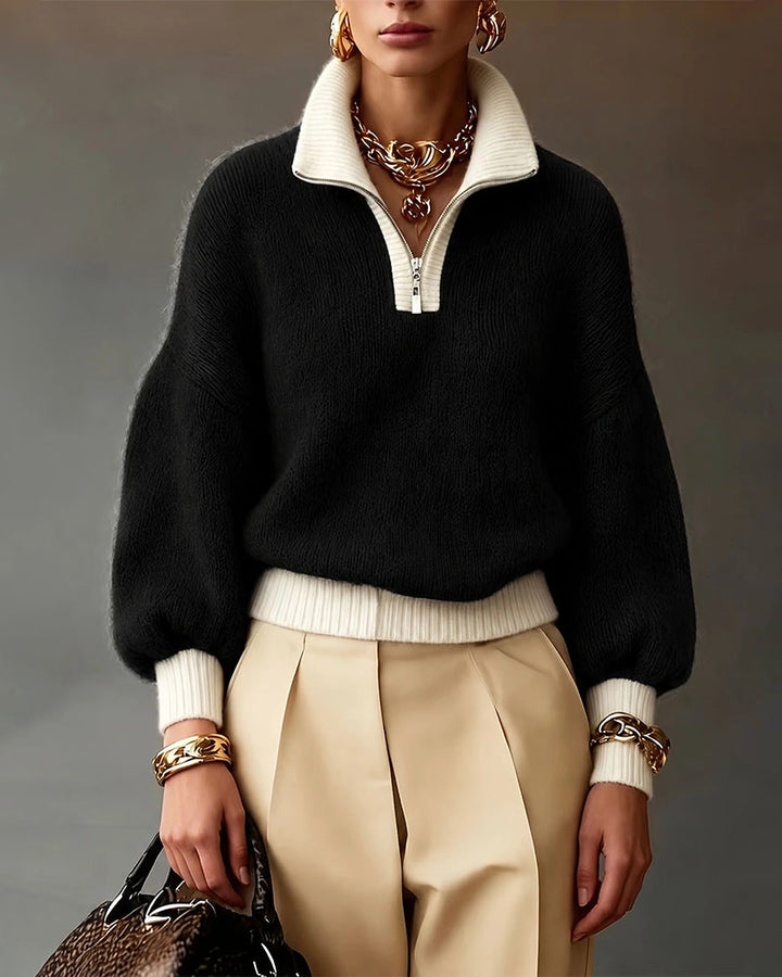 Keira | Quarter Zip Sweater Relaxed Fit Long Puff Sleeves