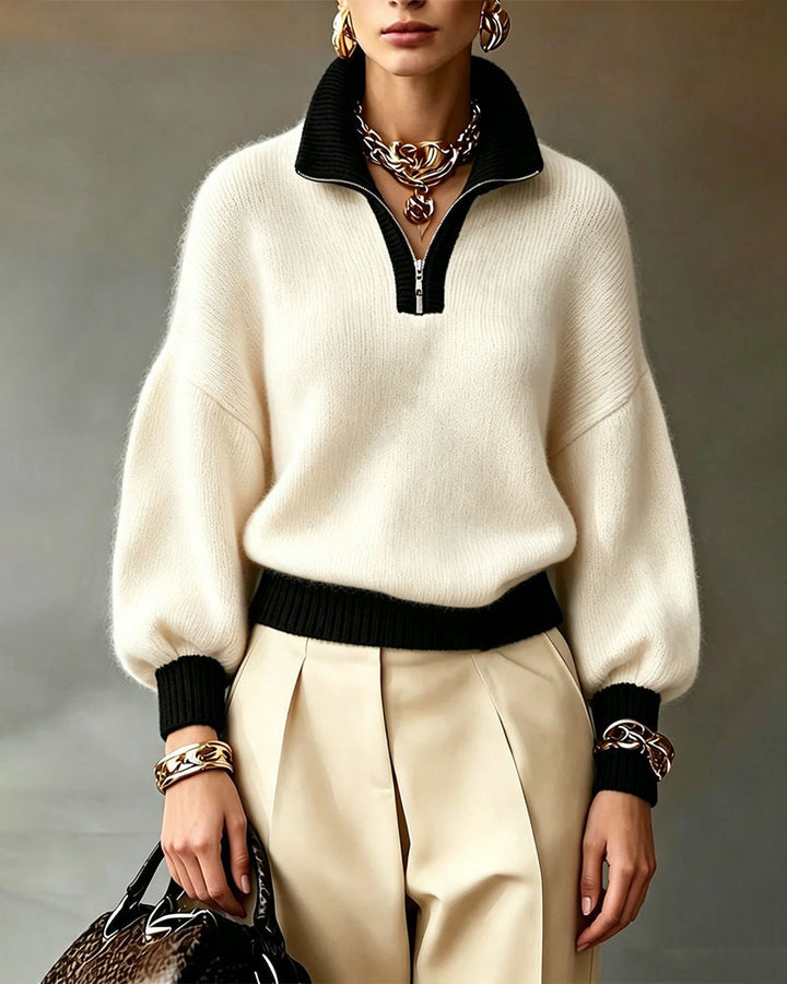 Keira | Quarter Zip Sweater Relaxed Fit Long Puff Sleeves