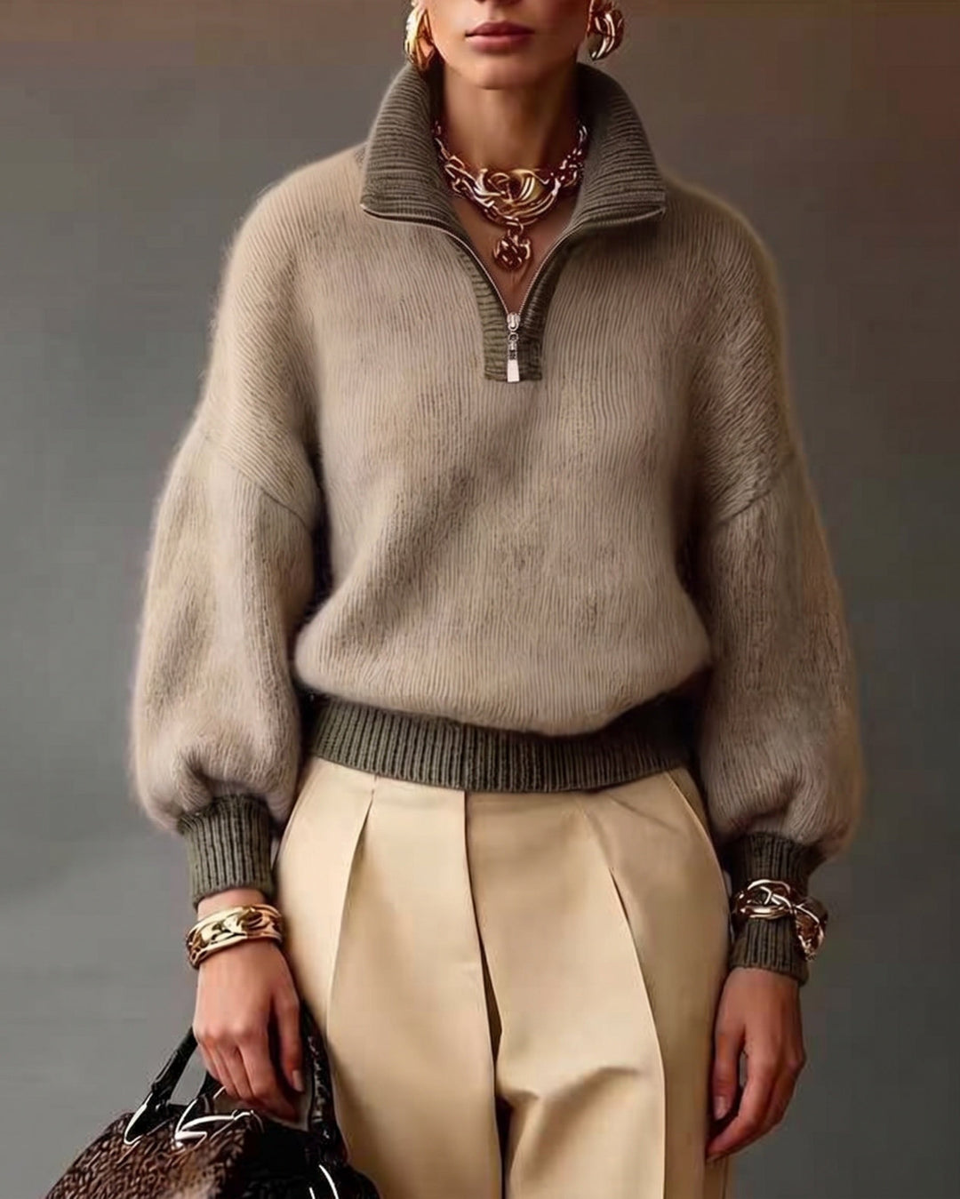 Keira | Quarter Zip Sweater Relaxed Fit Long Puff Sleeves