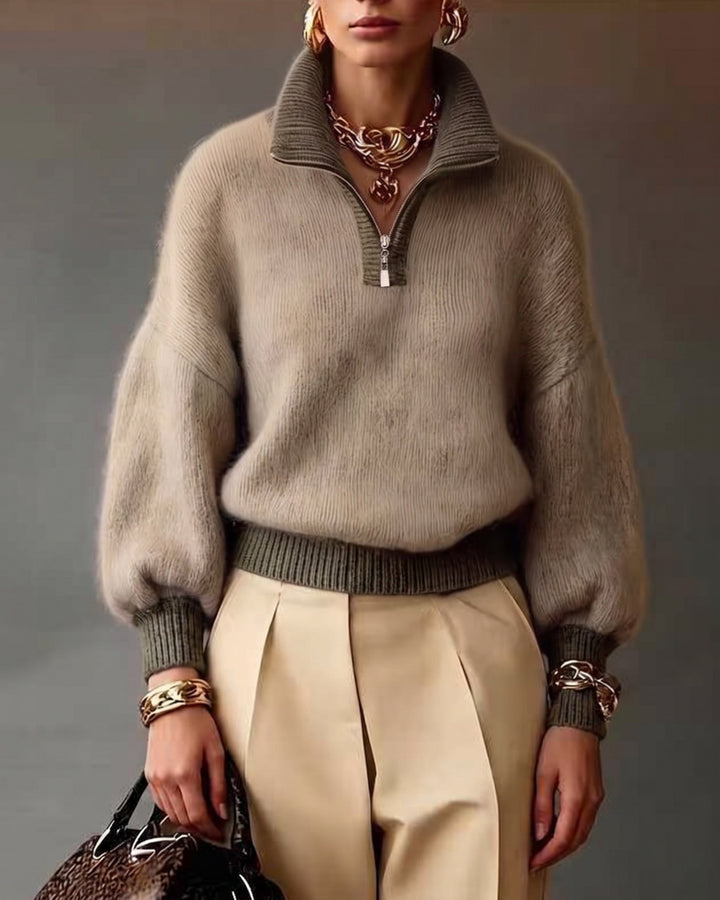 Keira | Quarter Zip Sweater Relaxed Fit Long Puff Sleeves