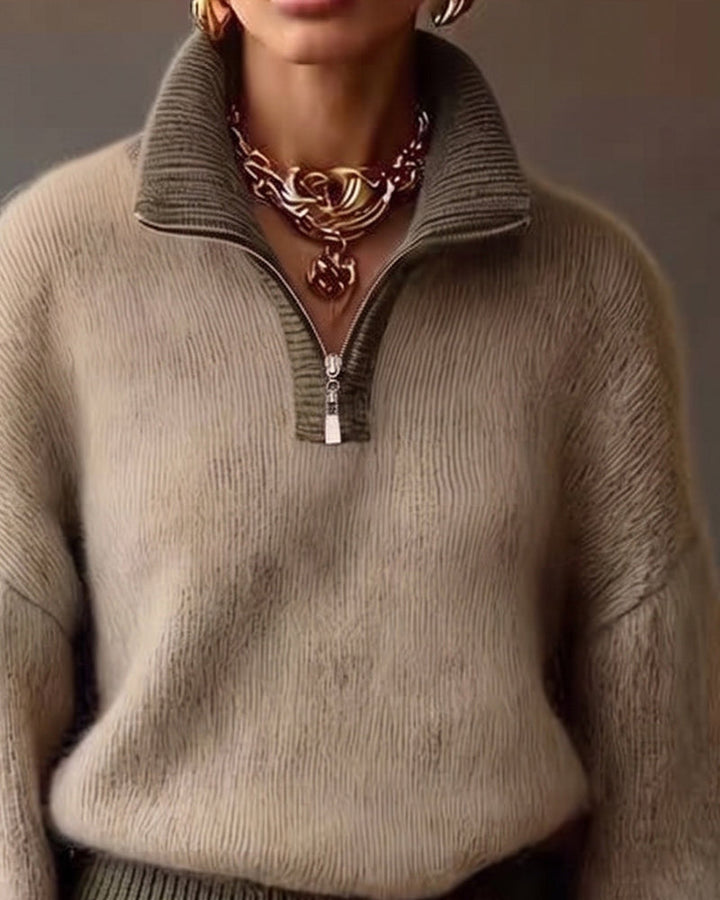 Keira | Quarter Zip Sweater Relaxed Fit Long Puff Sleeves