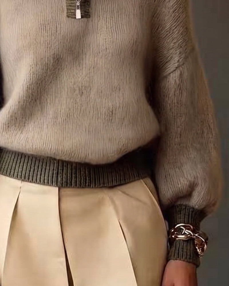 Keira | Quarter Zip Sweater Relaxed Fit Long Puff Sleeves