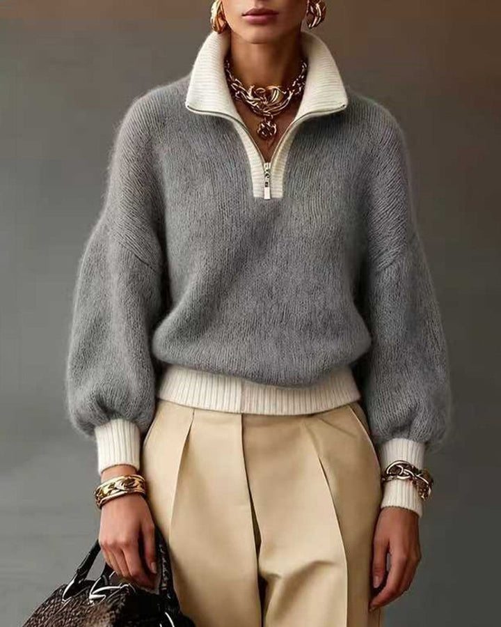 Keira | Quarter Zip Sweater Relaxed Fit Long Puff Sleeves