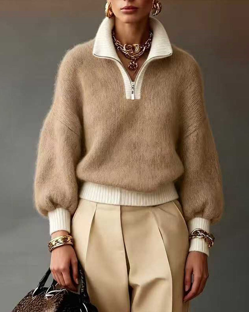 Keira | Quarter Zip Sweater Relaxed Fit Long Puff Sleeves