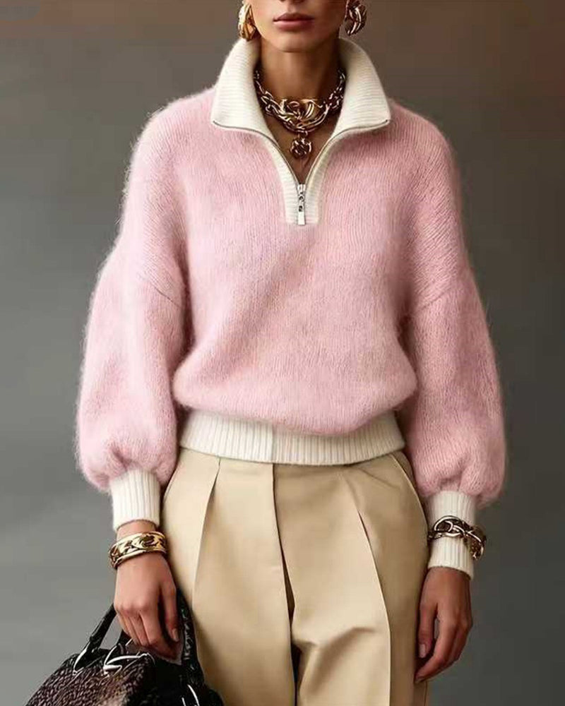Keira | Quarter Zip Sweater Relaxed Fit Long Puff Sleeves