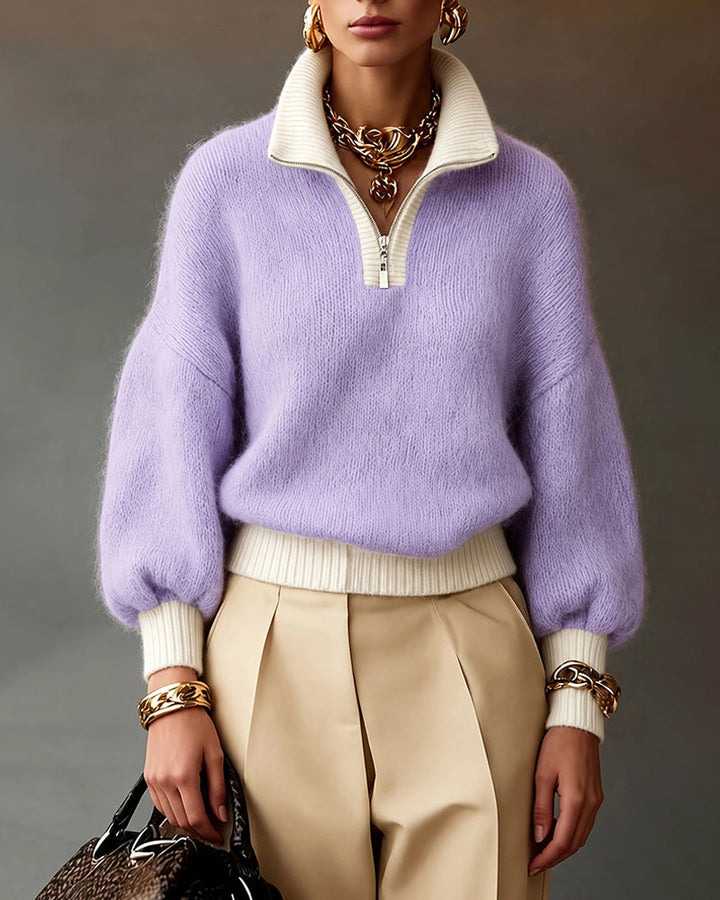 Keira | Quarter Zip Sweater Relaxed Fit Long Puff Sleeves