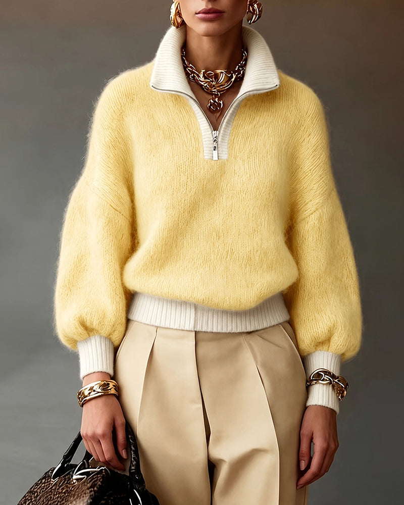 Keira | Quarter Zip Sweater Relaxed Fit Long Puff Sleeves